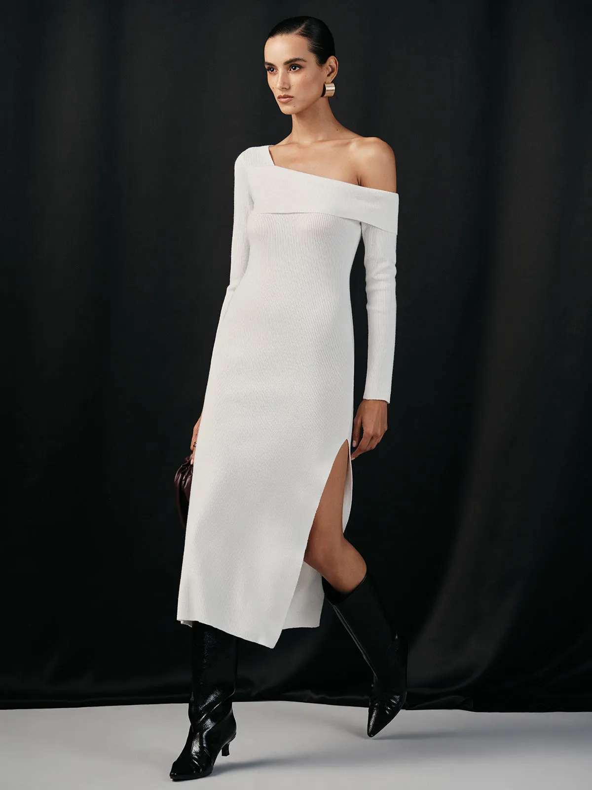 One Shoulder Wool Blend Knit Midi Slit Dress sold by COMMENSE product image thumbnail 3