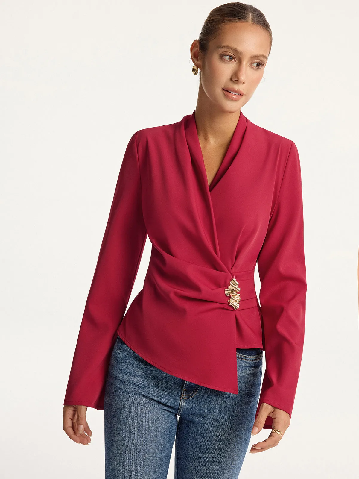Asymmetric Metal Detail V-Neck Blouse sold by COMMENSE product image thumbnail 5
