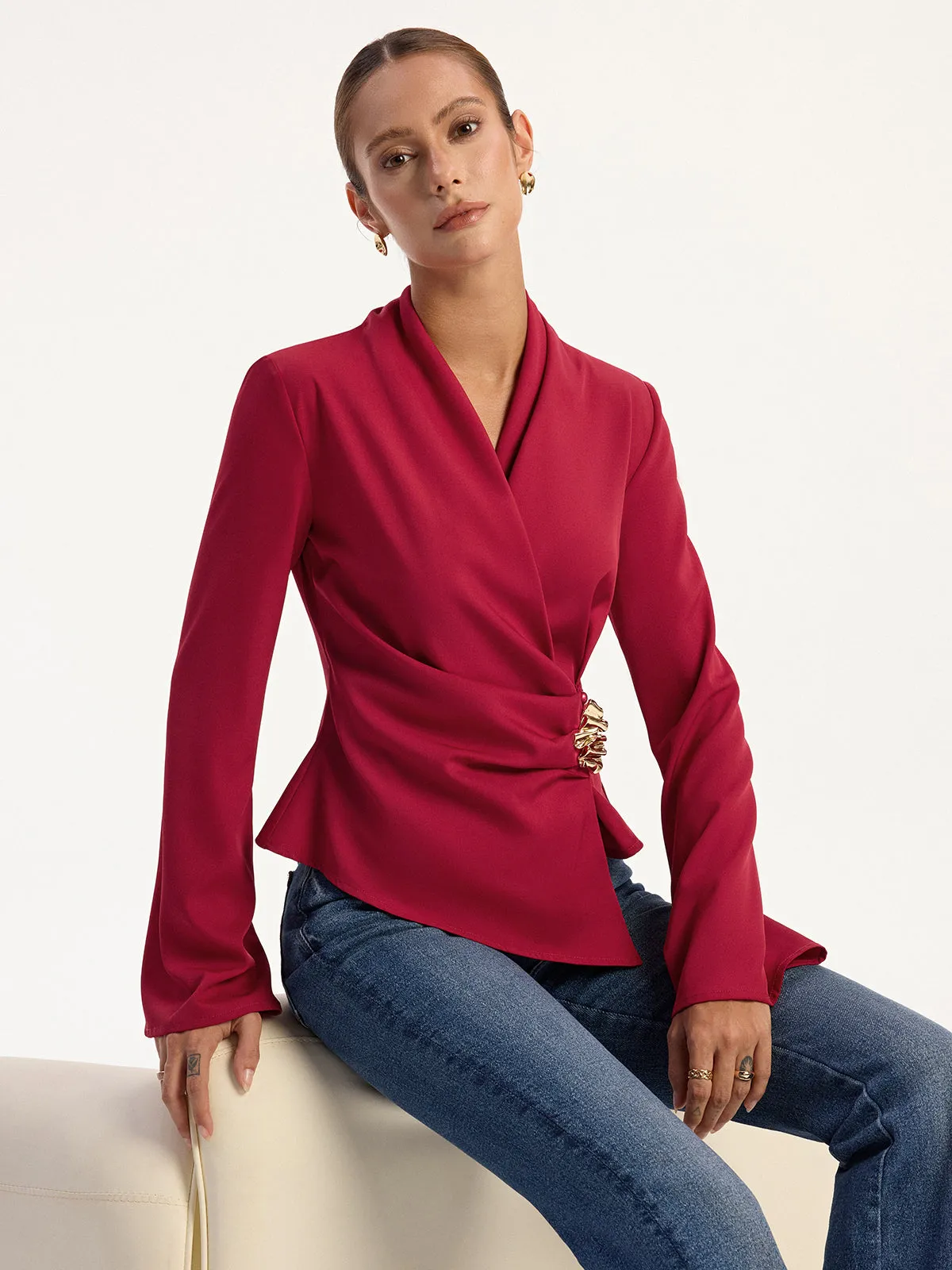 Asymmetric Metal Detail V-Neck Blouse sold by COMMENSE product image thumbnail 3