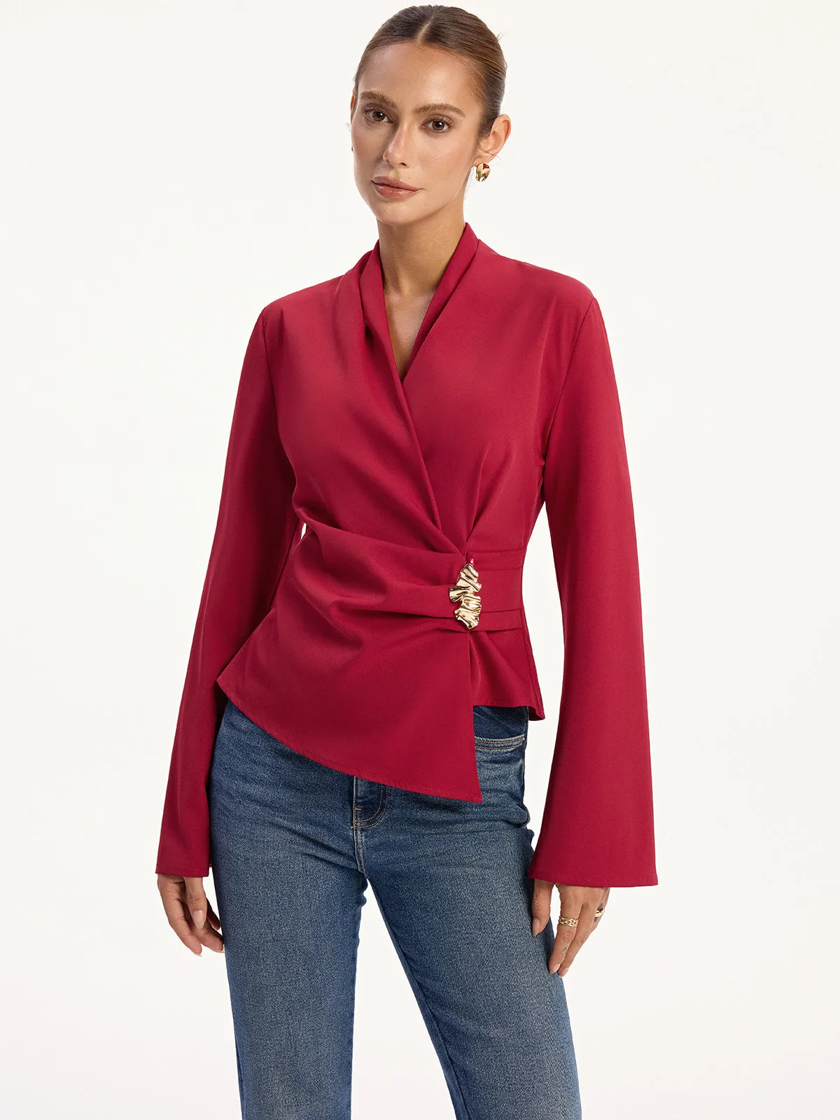 Asymmetric Metal Detail V-Neck Blouse sold by COMMENSE