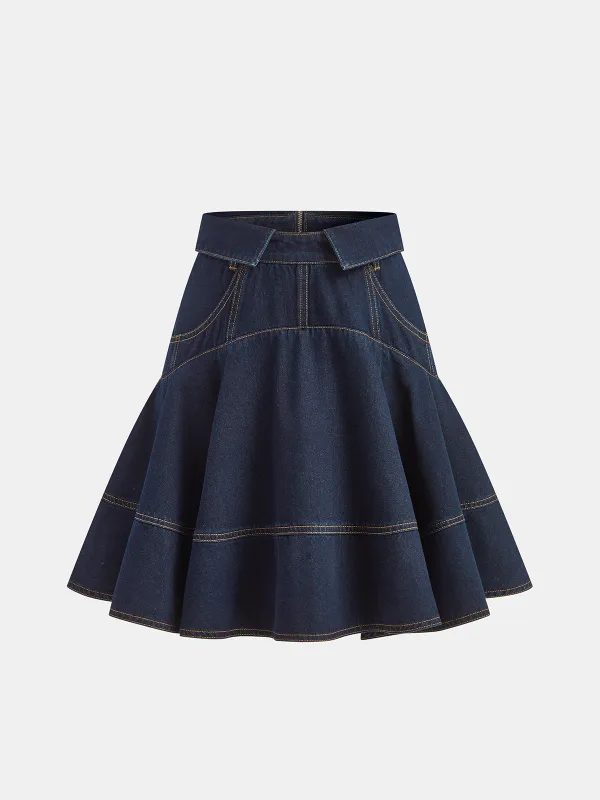 Denim High-Waist Flared Skirt sold by COMMENSE