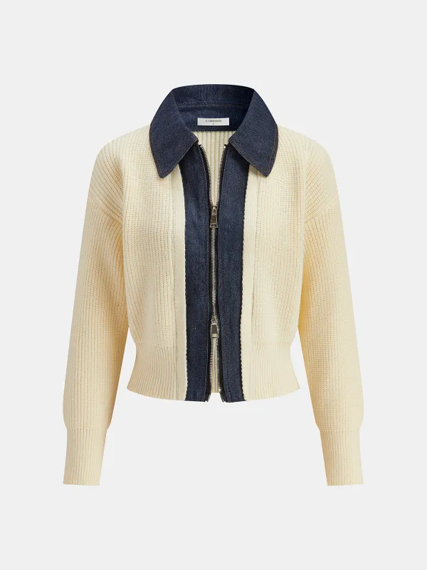 Denim Panel Zip Knitted Cardigan sold by COMMENSE