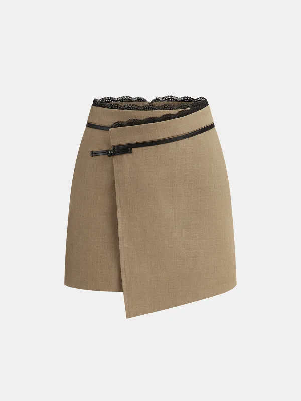 Lace Trim Faux Leather Buckle Mini Skirt sold by COMMENSE
