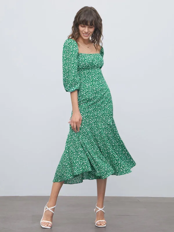 Square Neck Short Puff Sleeve Floral Dress sold by COMMENSE