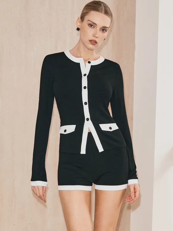Contrast Trim Knit Cardigan and Shorts Set sold by COMMENSE