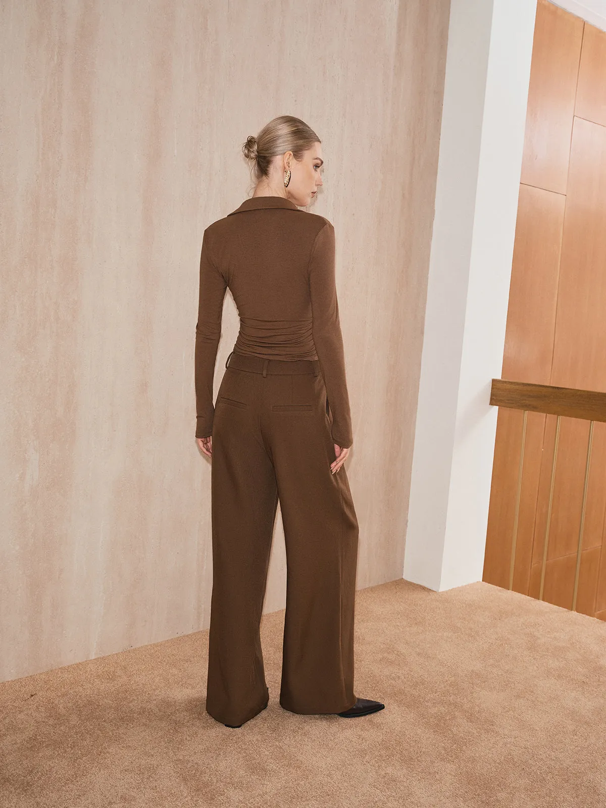 Wrap-Front Ruched V-Neck Collared T-Shirt sold by COMMENSE product image thumbnail 3