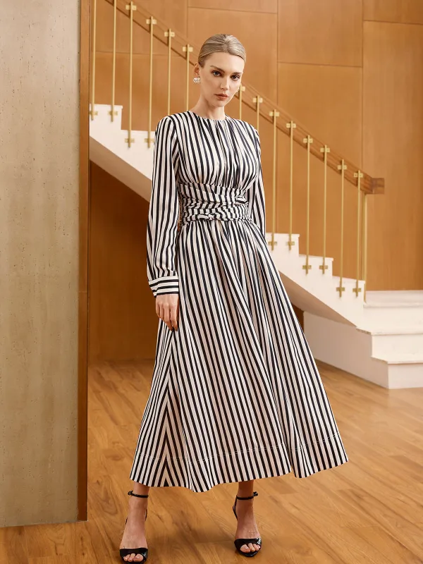 Striped Ruched Long Sleeve Maxi Dress sold by COMMENSE