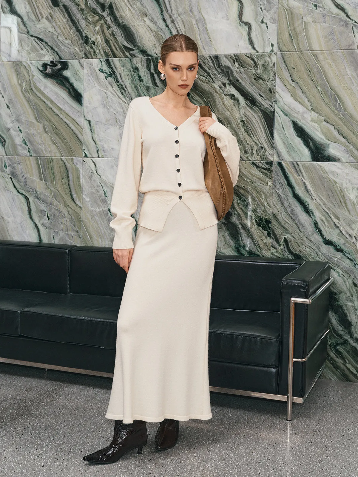 V-Neck Button-Front Knit Cardigan and Maxi Skirt Set sold by COMMENSE