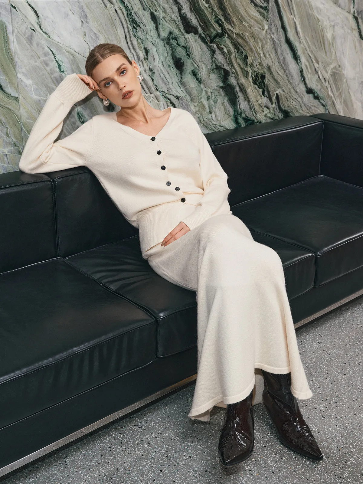 V-Neck Button-Front Knit Cardigan and Maxi Skirt Set sold by COMMENSE product image thumbnail 5