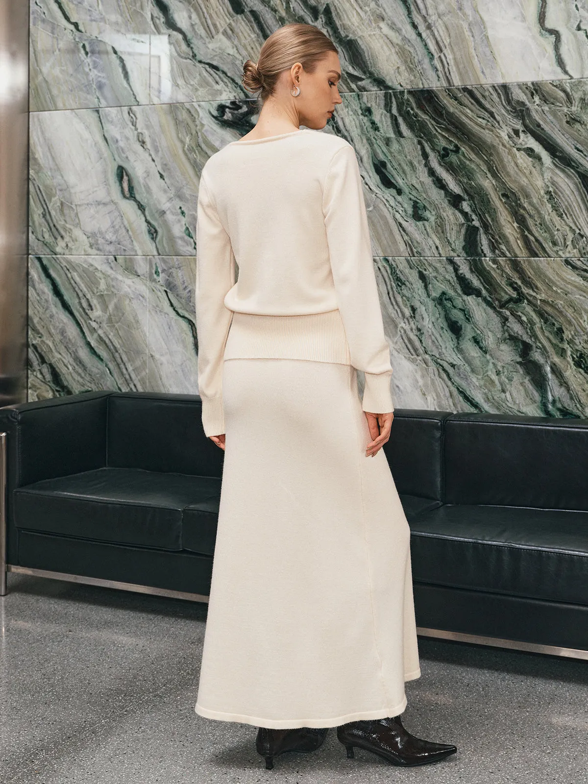 V-Neck Button-Front Knit Cardigan and Maxi Skirt Set sold by COMMENSE product image thumbnail 2