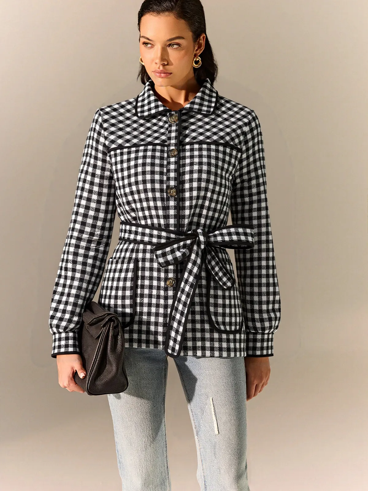 Belted Checkered Collared Jacket sold by COMMENSE