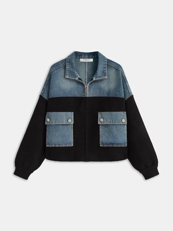 Zipper Denim Panel Knit Outerwear sold by COMMENSE