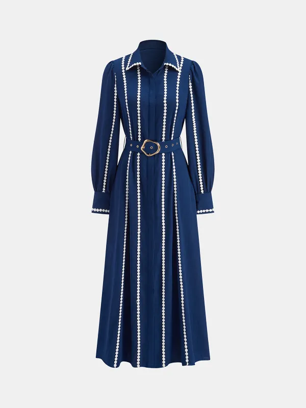 Contrast Lace-Trimmed Belted Shirt Dress sold by COMMENSE