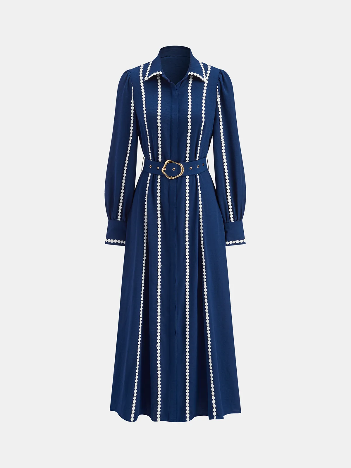 Contrast Lace-Trimmed Belted Shirt Dress sold by COMMENSE