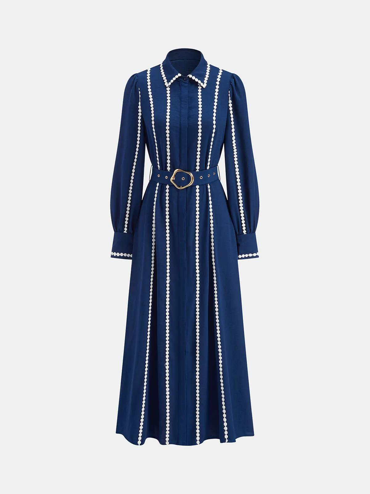 Contrast Lace-Trimmed Belted Shirt Dress sold by COMMENSE product image thumbnail 2