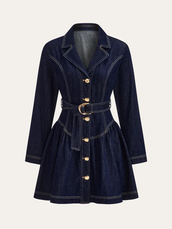 Metal Button Belted Denim Flare Mini Dress sold by COMMENSE