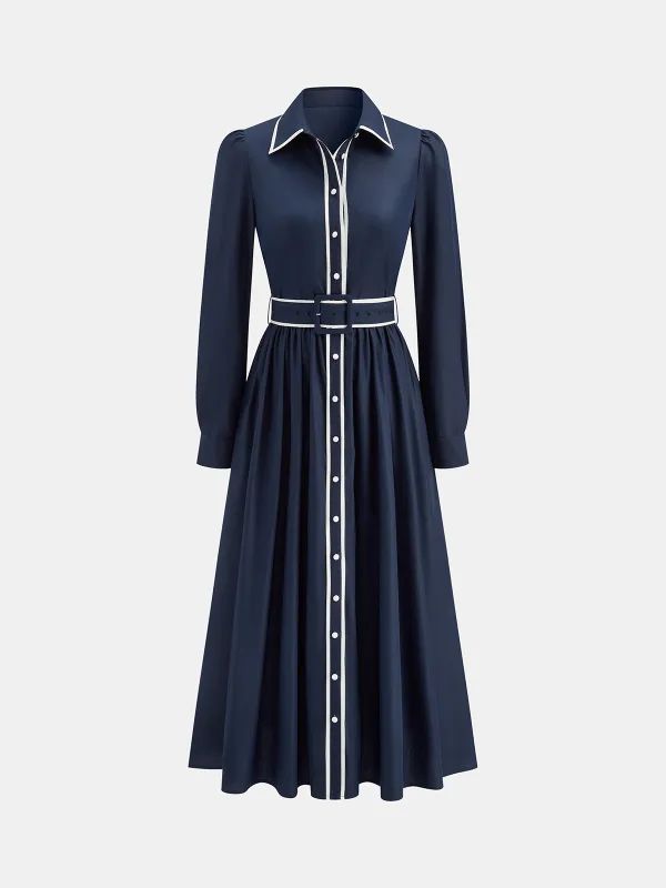 Contrast Trim Belted Pleated Shirt Dress sold by COMMENSE