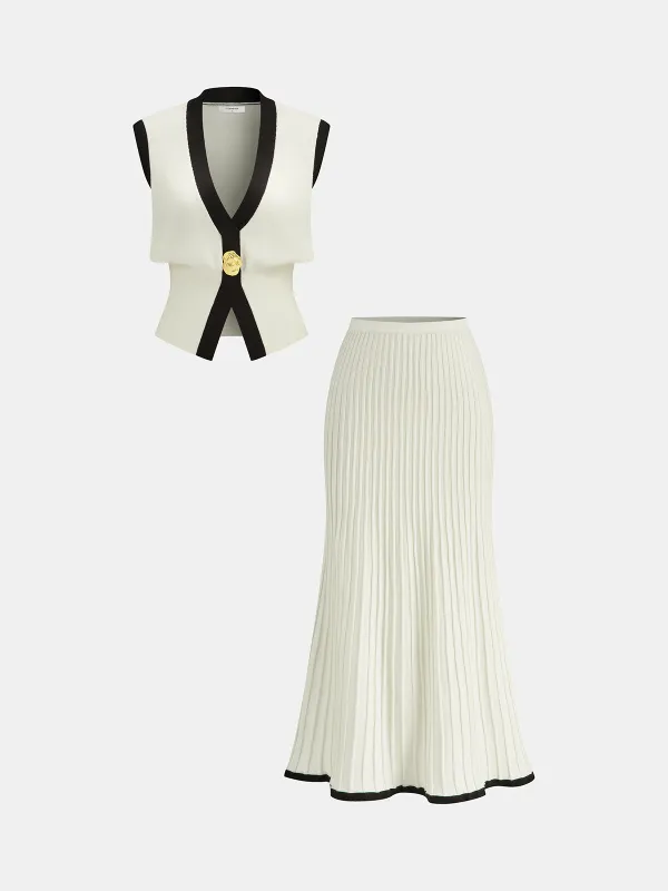 Contrast Trim Knit Vest and Midi Skirt Set sold by COMMENSE