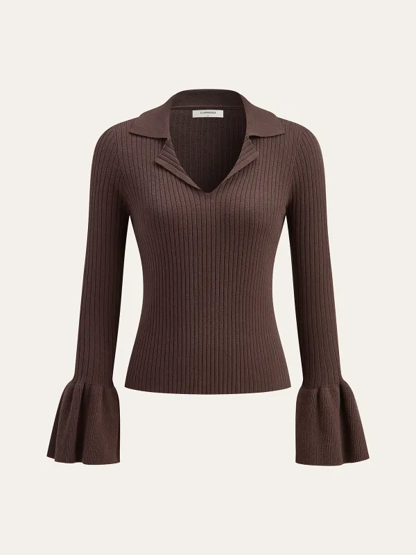 Flared Cuff Polo-Collar Sweater sold by COMMENSE