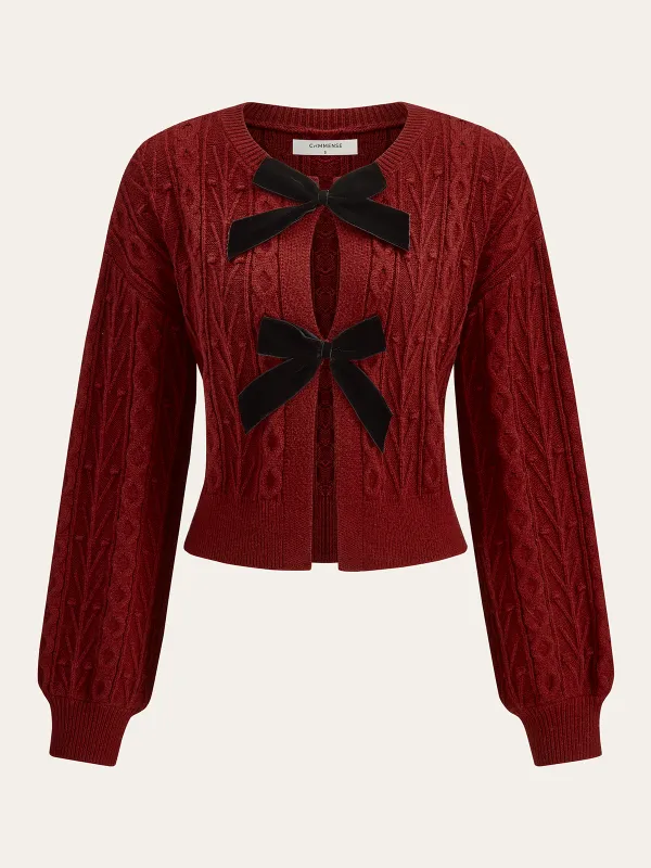 Wool Blend Bow Cable-Knit Cardigan sold by COMMENSE