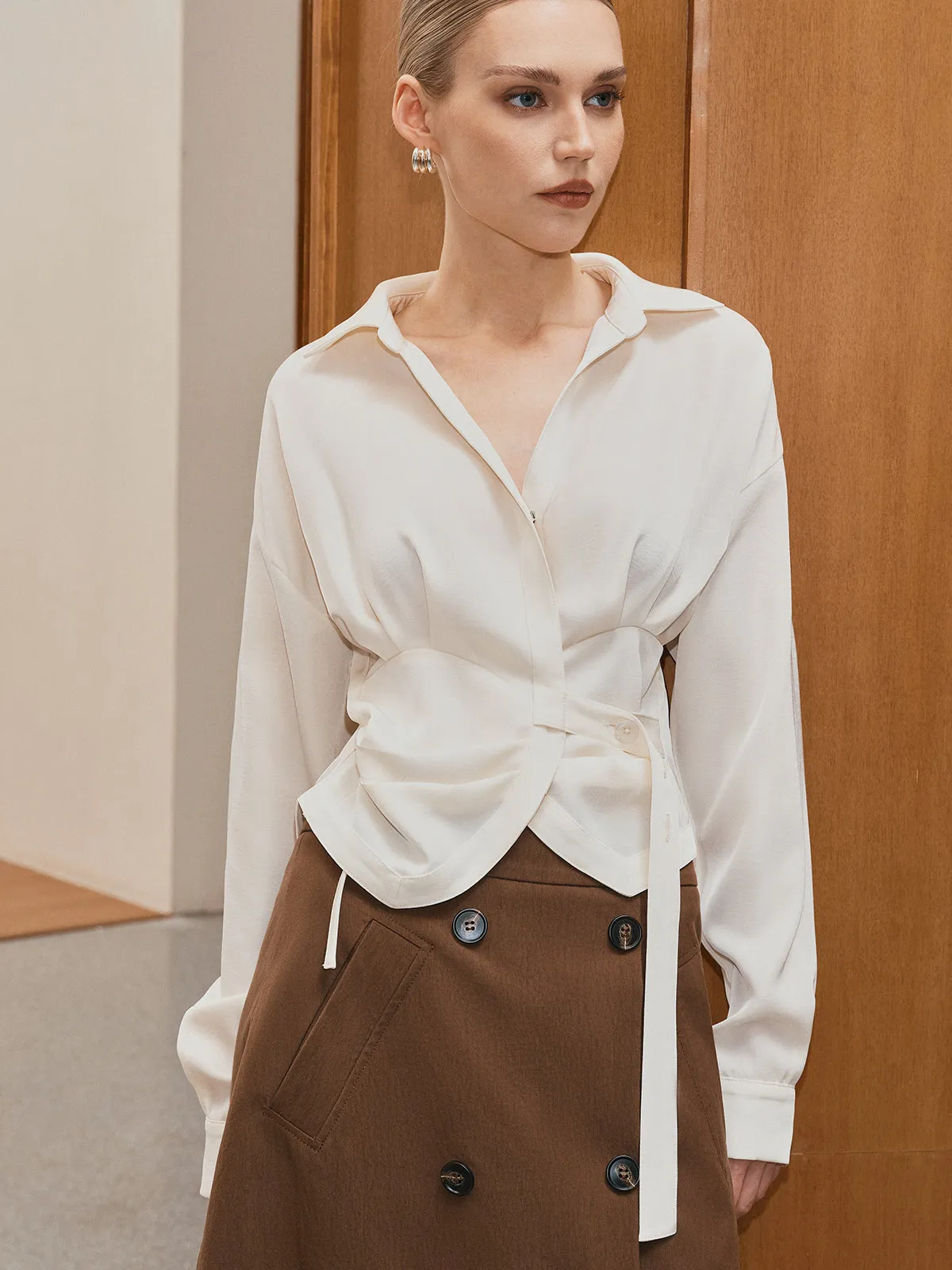 Long Sleeve Wrap-Tie Waist Shirt sold by COMMENSE product image thumbnail 3
