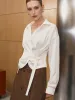 Long Sleeve Wrap-Tie Waist Shirt sold by COMMENSE