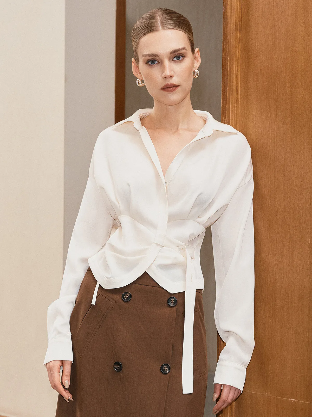 Long Sleeve Wrap-Tie Waist Shirt sold by COMMENSE