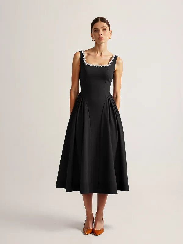 Sleeveless Square Neck Diamond Trim Flare Dress sold by COMMENSE