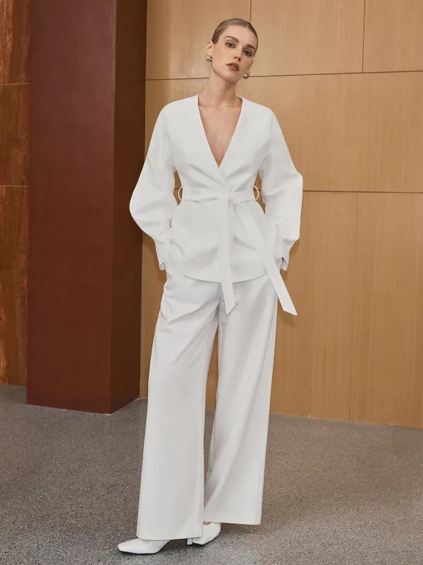 Belted Lantern Sleeve Blazer sold by COMMENSE