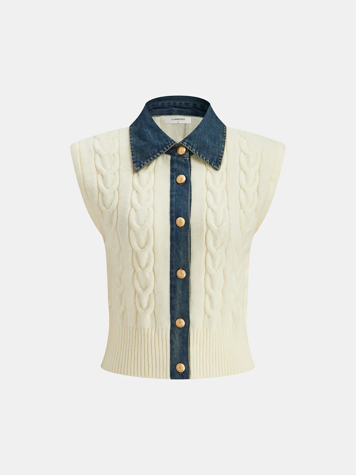 Denim Paneled Cable Knit Sleeveless Vest sold by COMMENSE product image thumbnail 2