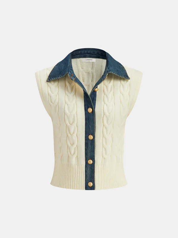 Denim Paneled Cable Knit Sleeveless Vest sold by COMMENSE