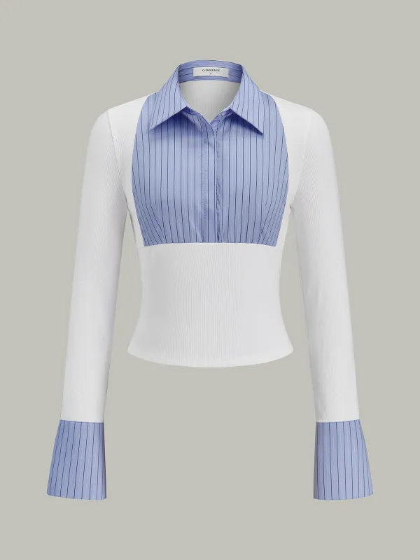 Flared Cuff Striped Paneled Shirt sold by COMMENSE