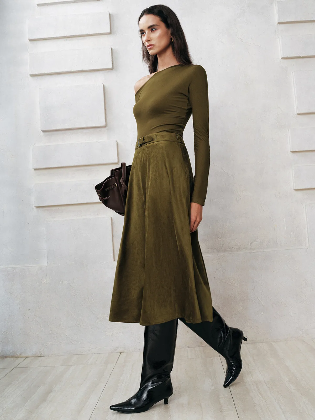 Soft Suede Effect A-Line Midi Skirt sold by COMMENSE product image thumbnail 3