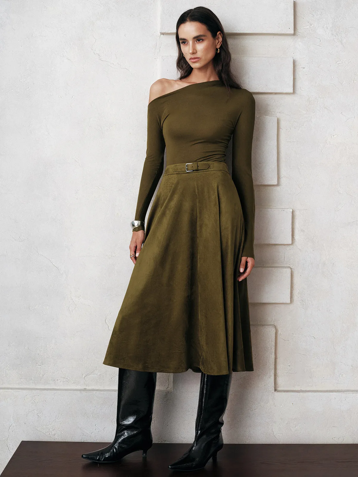 Soft Suede Effect A-Line Midi Skirt sold by COMMENSE