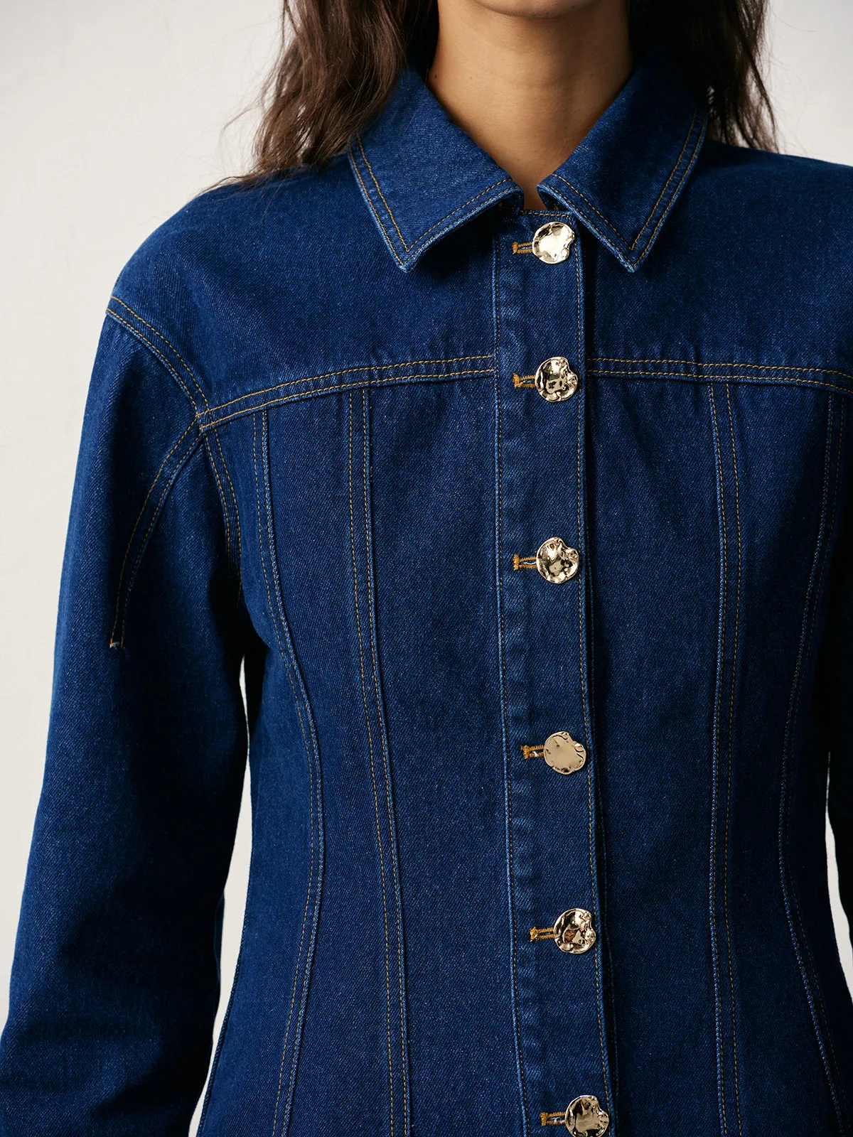 Cinched Waist Metal Button Denim Jacket sold by COMMENSE product image thumbnail 5