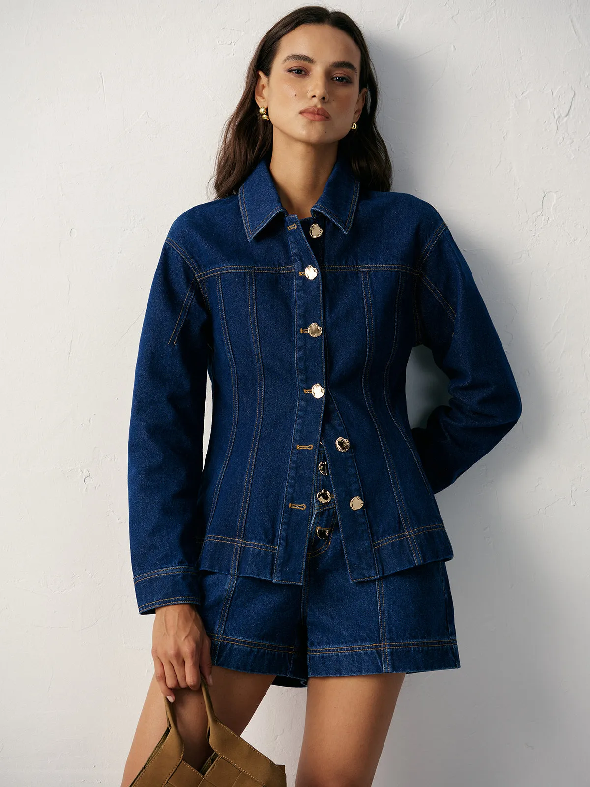 Cinched Waist Metal Button Denim Jacket sold by COMMENSE product image thumbnail 2
