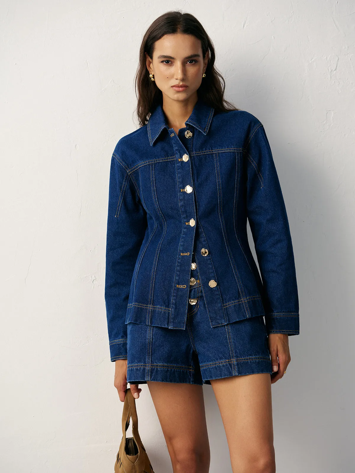 Cinched Waist Metal Button Denim Jacket sold by COMMENSE product image thumbnail 3