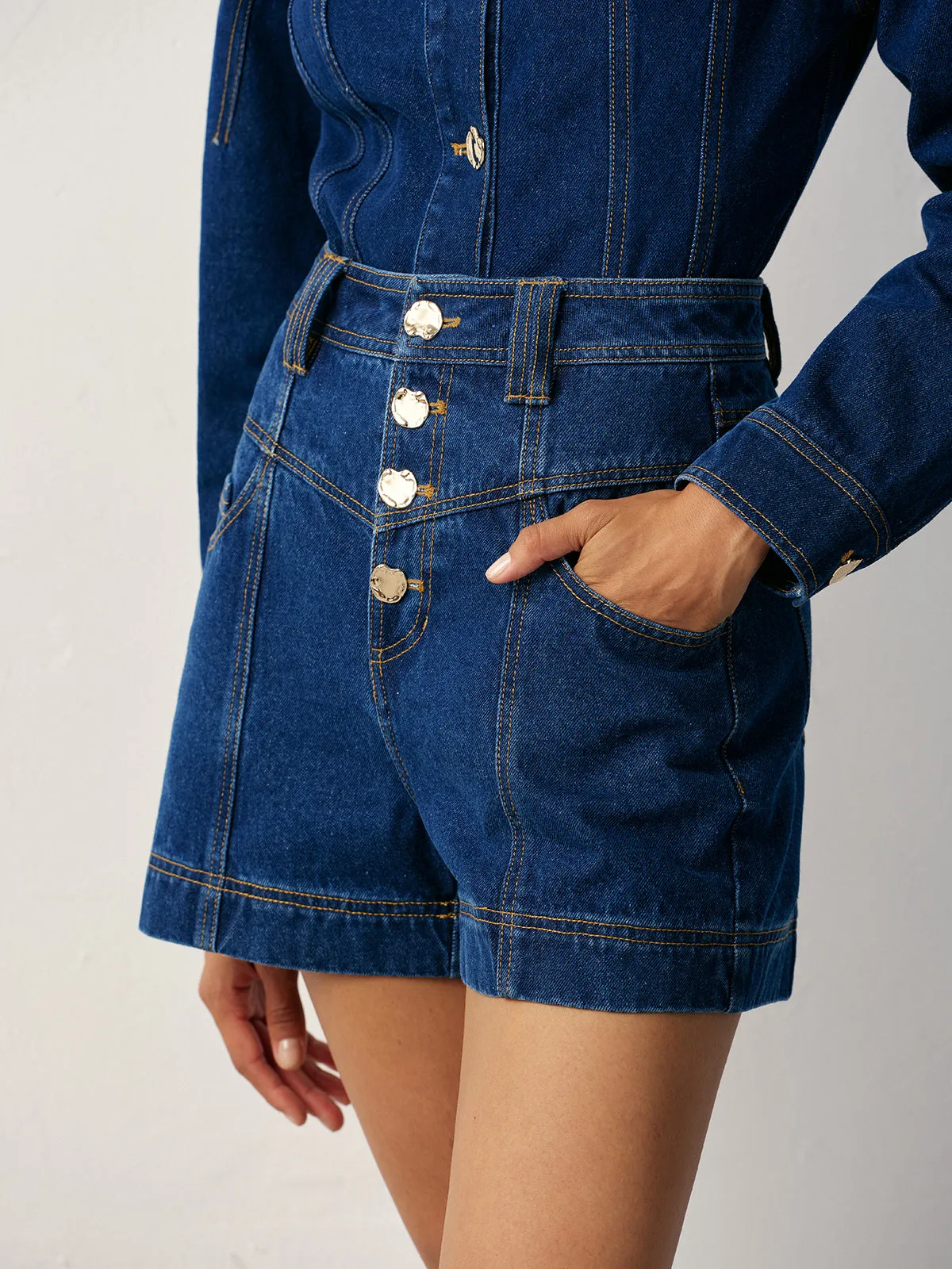 High-Waisted Button-Front Denim Short sold by COMMENSE product image thumbnail 2