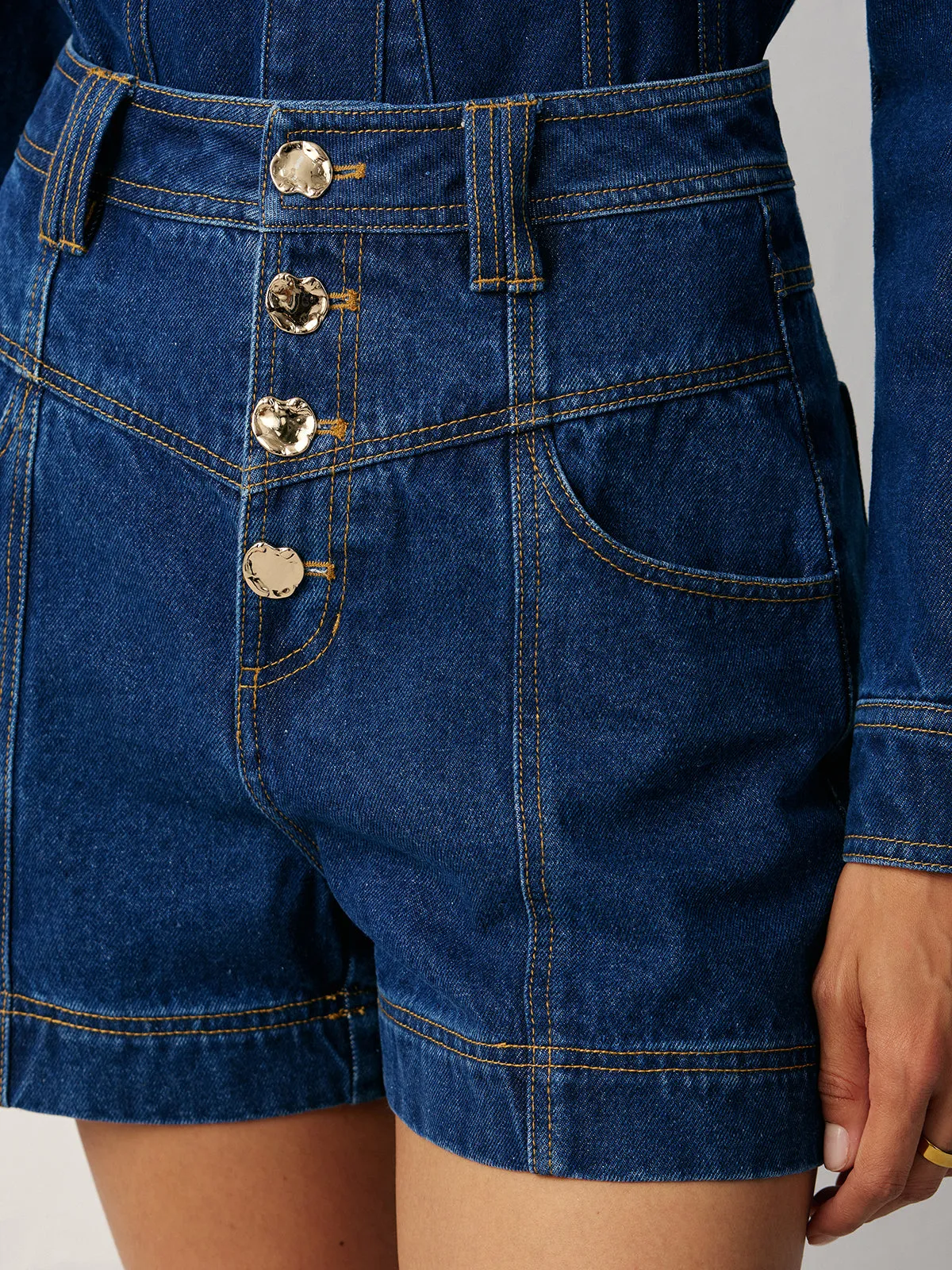 High-Waisted Button-Front Denim Short sold by COMMENSE product image thumbnail 4