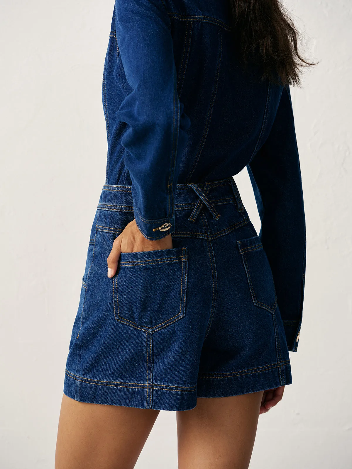 High-Waisted Button-Front Denim Short sold by COMMENSE product image thumbnail 5