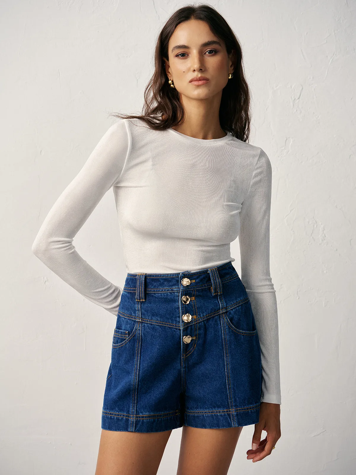 High-Waisted Button-Front Denim Short sold by COMMENSE