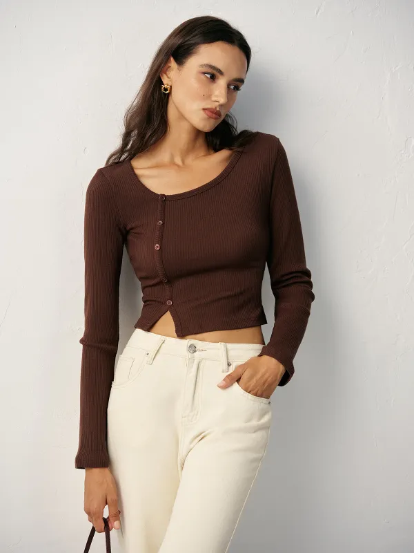 Asymmetric Button Detail Ribbed T-Shirt sold by COMMENSE