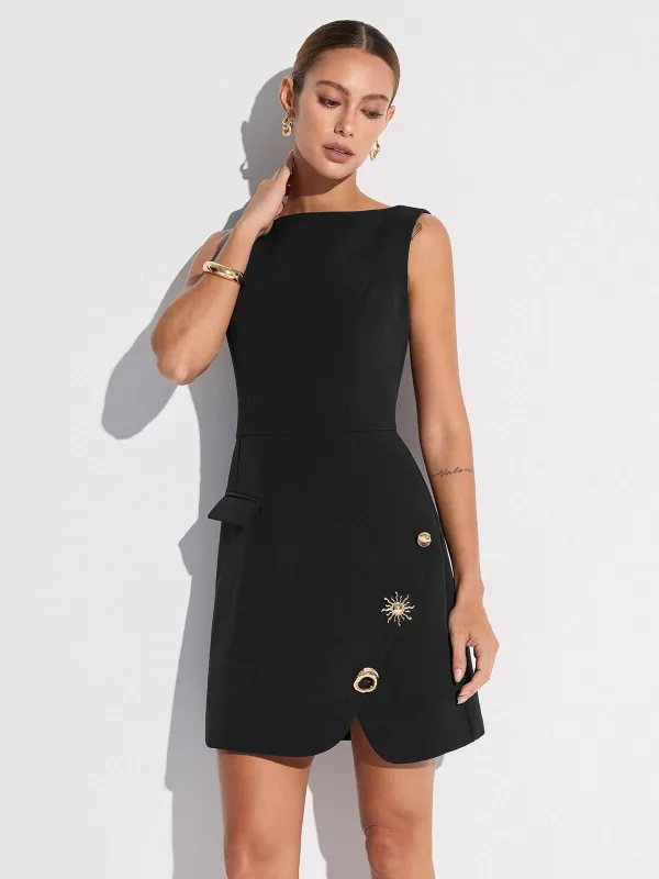 Sleeveless Fitted Asymmetric Metal Detail Mini Dress sold by COMMENSE