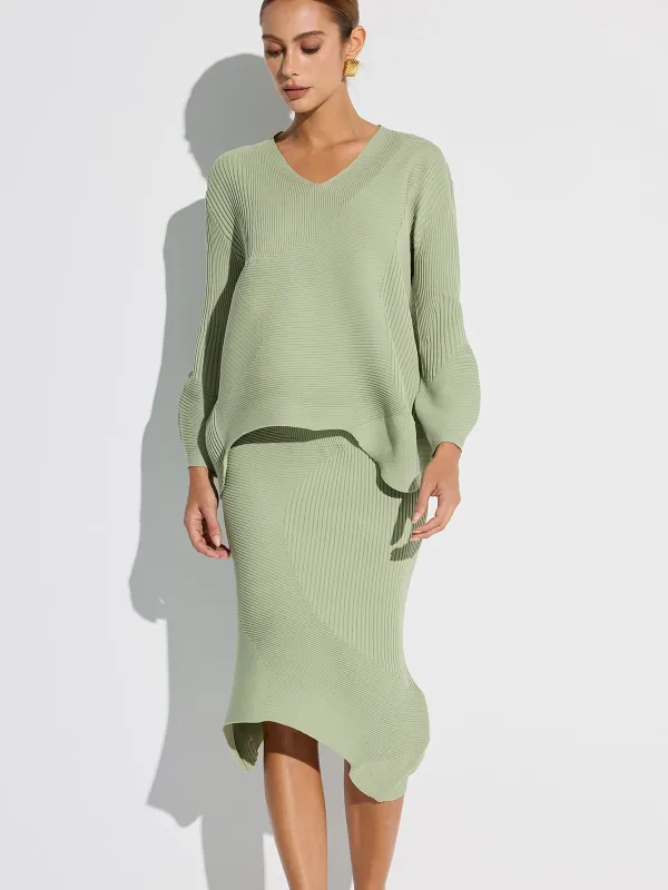 V-Neck Textured Asymmetric Hem Knit Sweater sold by COMMENSE
