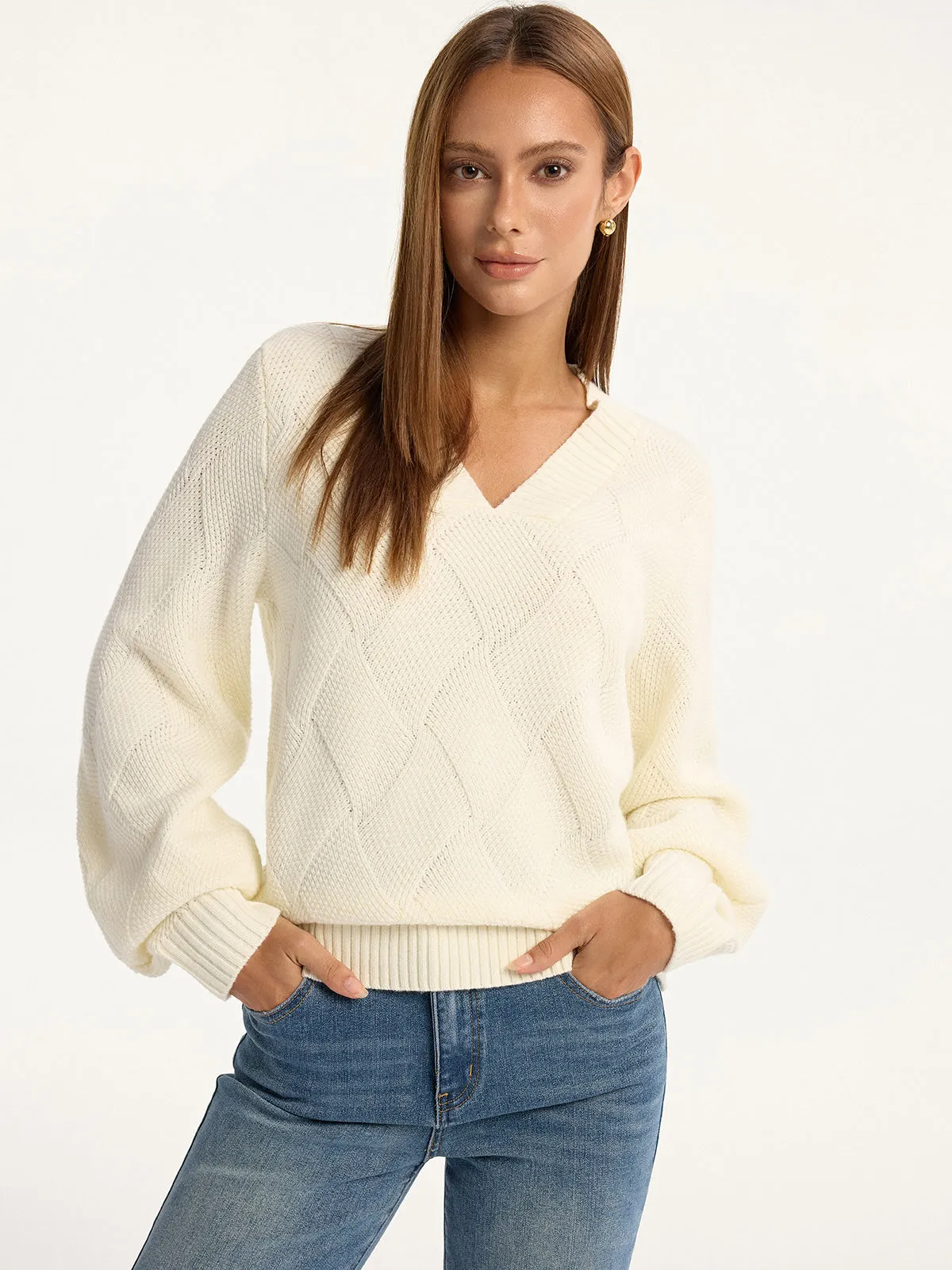 Wool-Blend Argyle Textured V-Neck Sweater sold by COMMENSE