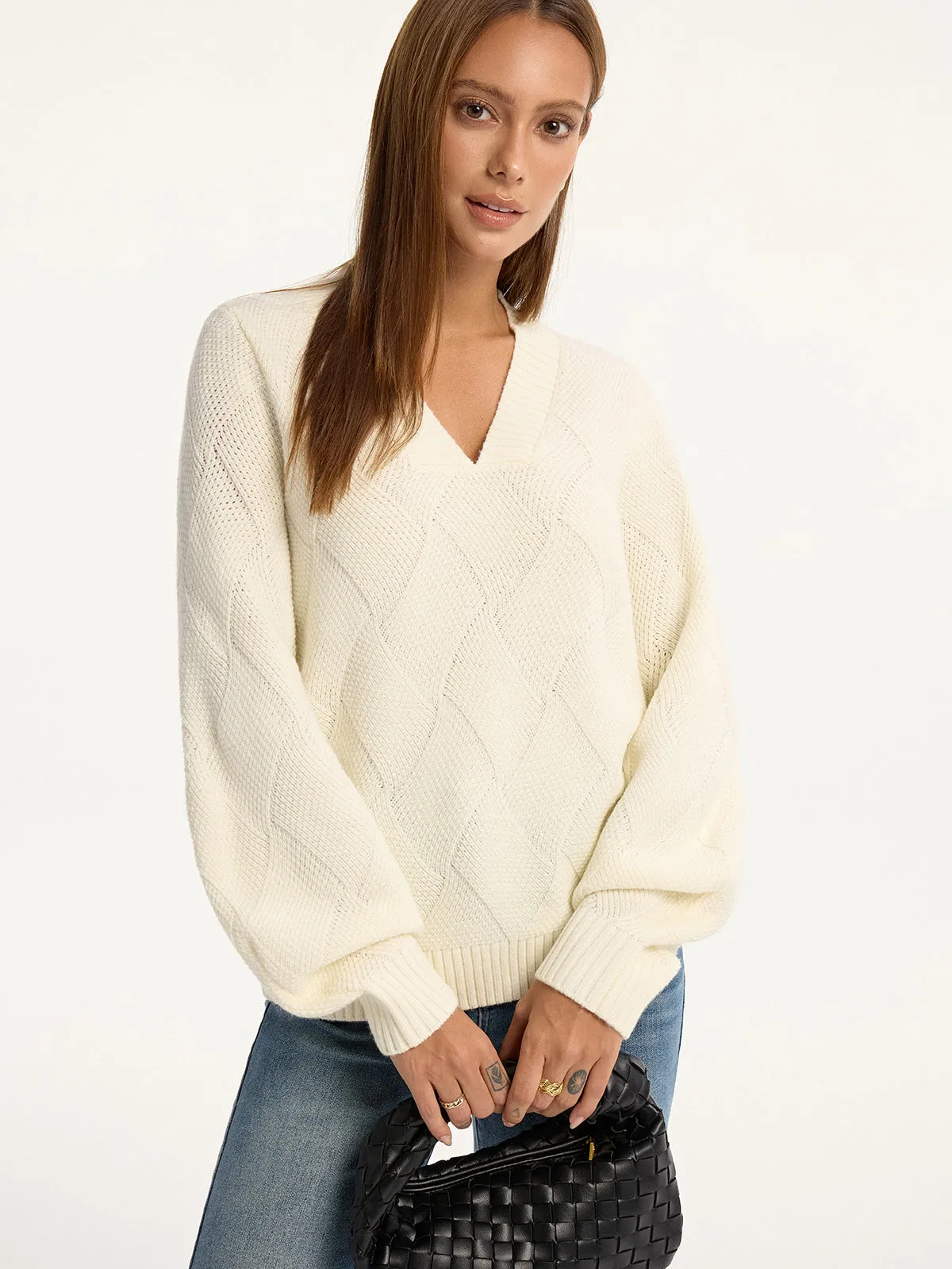 Wool-Blend Argyle Textured V-Neck Sweater sold by COMMENSE product image thumbnail 2