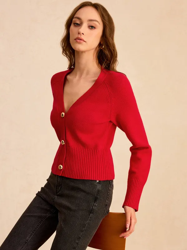 V-Neck Button-Front Knit Cardigan sold by COMMENSE