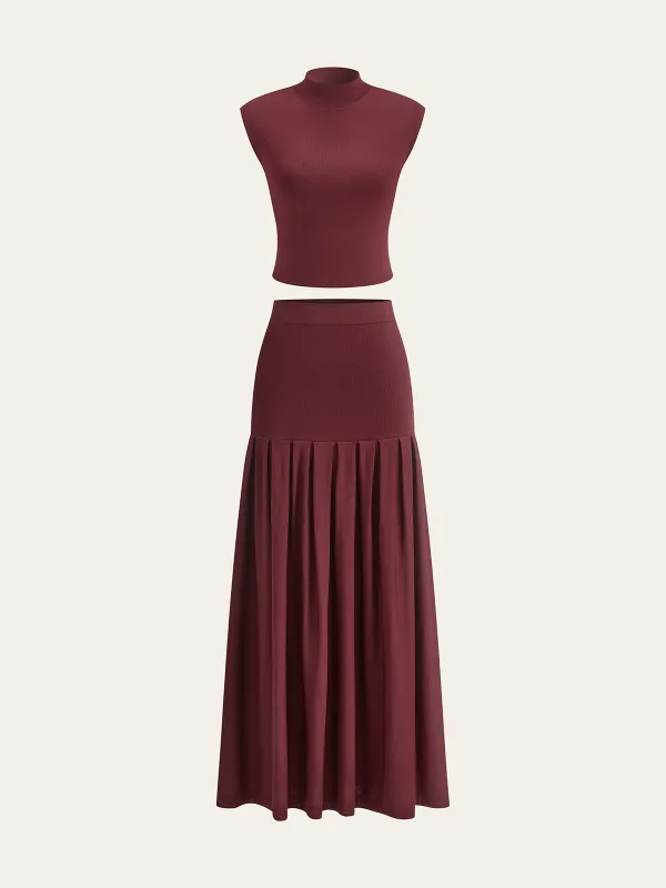 Mock Neck Sleeveless Top and Pleated Midi Skirt Set sold by COMMENSE