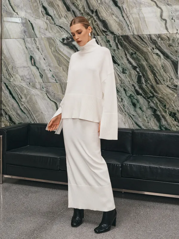 Oversized Turtleneck Knit Top and Maxi Skirt Set sold by COMMENSE