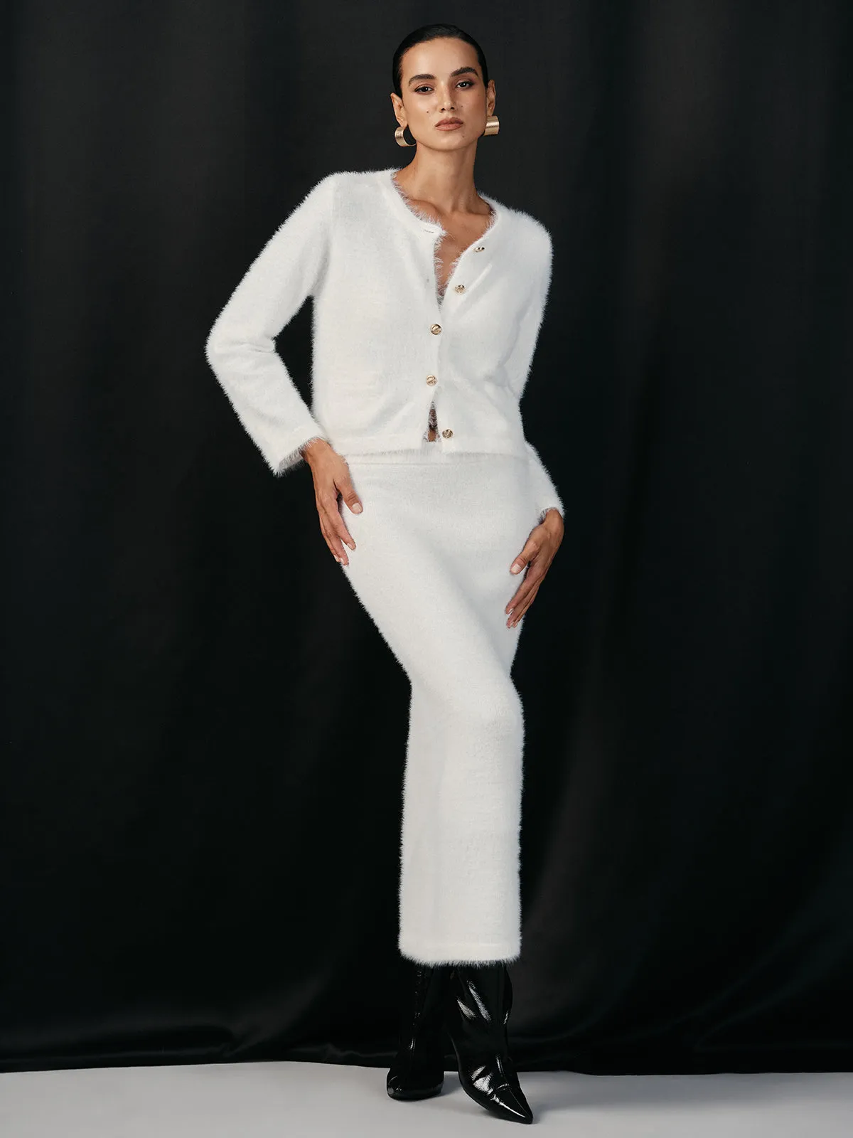 Fluffy Metal Button Cardigan and Skirt Set sold by COMMENSE product image thumbnail 2